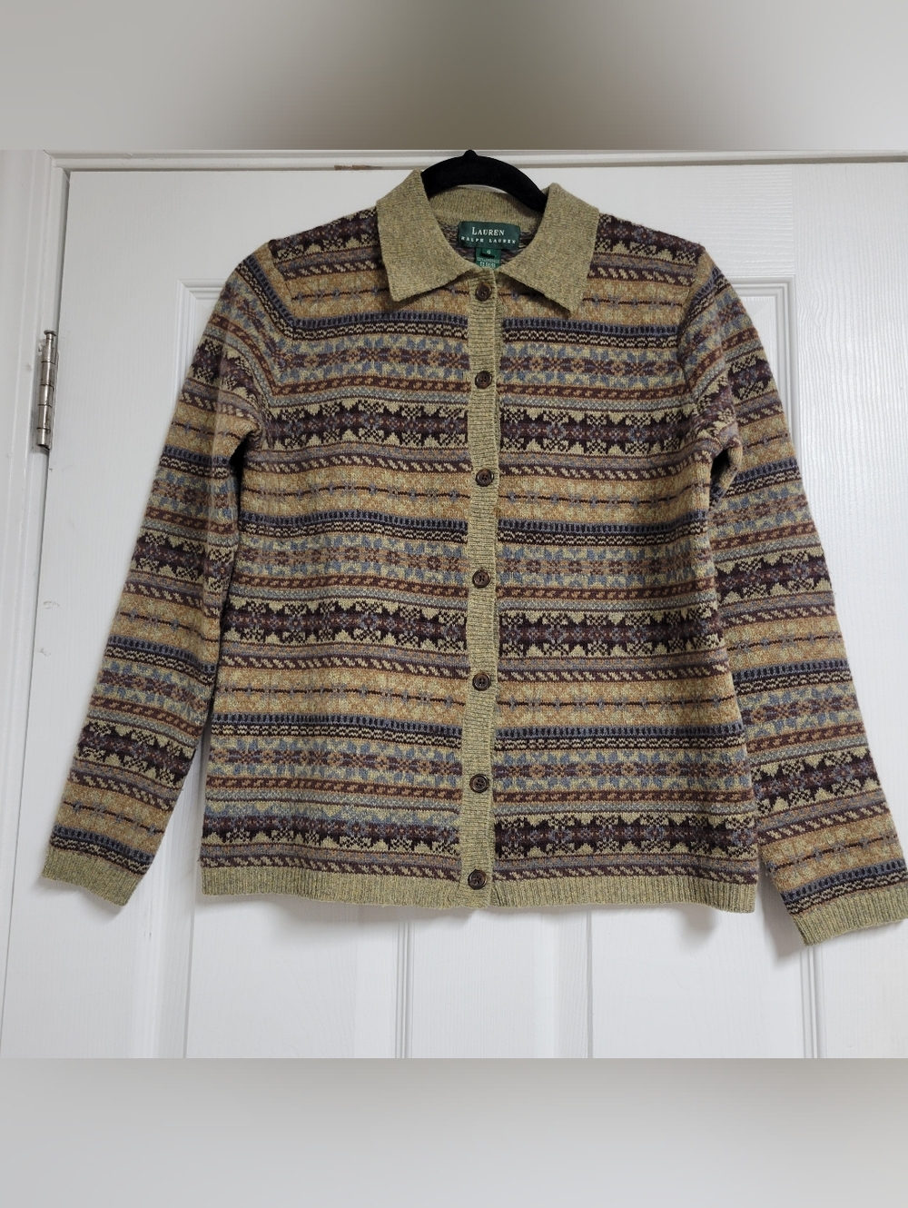 Lauren Ralph Lauren Vintage 90s Lamswool Brown Gray Fair Isle Nordic Sweater.